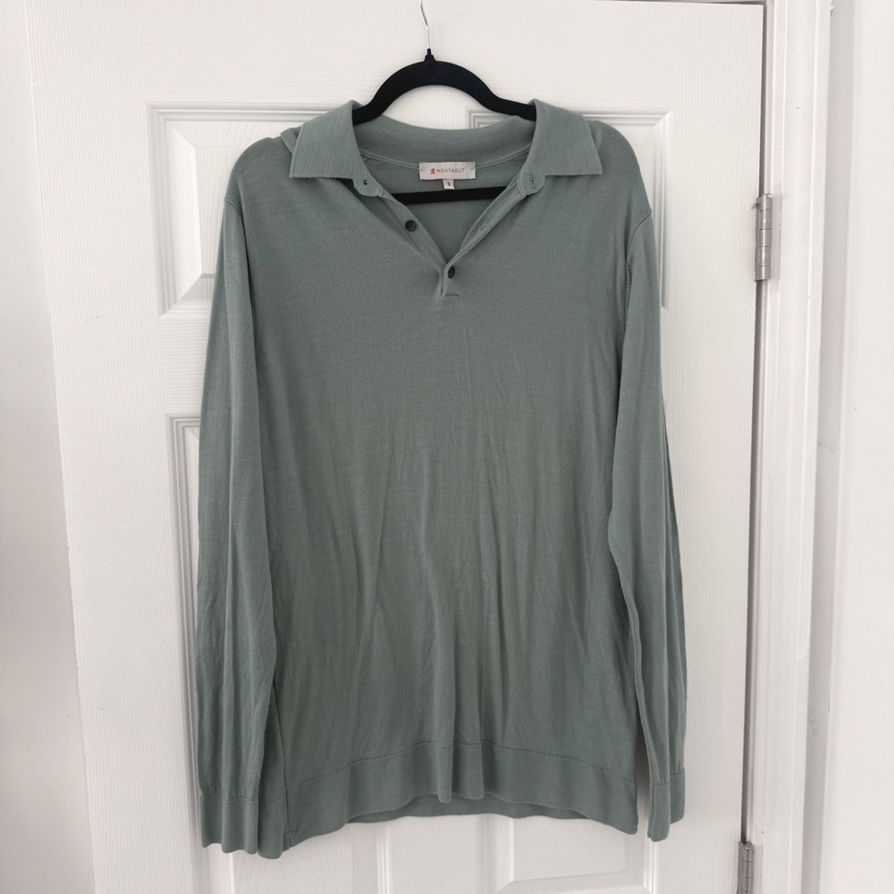 MONTAGUT Mens Long‎ Sleeve Polo Shirt Green 3 Pure New Wool Extra Fine Merino